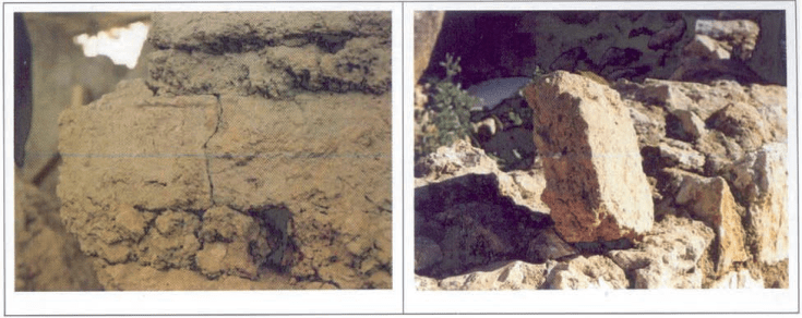 Adobe wall in Mycenae. A mud brick is also shown; its resistance is remarkably high.png