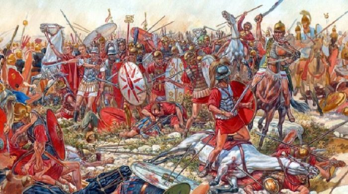The battle at Cannae (216 B.C.) between the Romans and Carthaginians ...